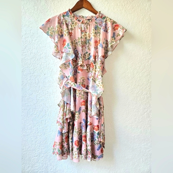 Marissa Webb Collective Floral Ruffle Tie mini Pink Dress in Pink Size Large - Picture 5 of 16